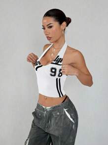 StreetHx Women's V-Neck Sleeveless Tank Top, Streetwear Fashion Colorblock "98" Letter Print - White - View 6