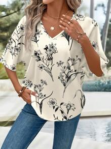 EMERY ROSE Camisa informal suelta de mujer con escote en V y mangas 3/4, adecuada para el verano - Multicolor - Ver 4