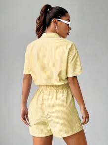 SHEIN Unity 夏季条纹印花口袋收腰短袖连体裤