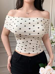 Joudiya 女士波尔卡圆点印花修身露肩紧身衬衫 T 恤 - 杏色 - 查看 5