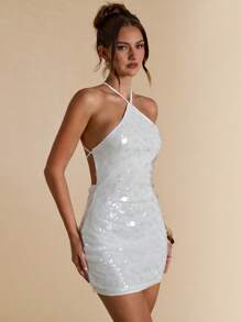 SHEIN BAE 女士性感露背度假亮片迷你连衣裙夏季 - 彩色 - 查看 3