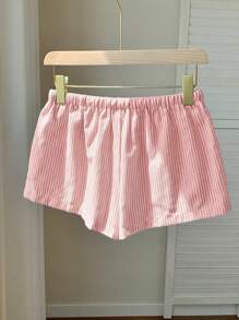 Comfortcana Quần short vải lanh sọc thường ngày cho nữ, mùa hè - Màu Hồng baby - Xem 2