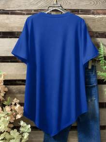 Plus Size Summer Casual Loose Button Decor Asymmetric Hem T-Shirt - Royal Blue - View 2