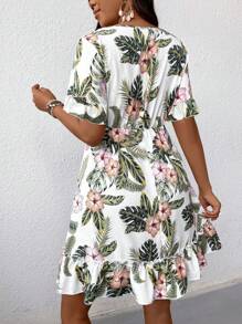 SHEIN LUNE Women's Tropical Plant Print Front Knotted Short Sleeve Casual Dress, Vacation Outfit