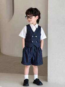 2pcs/Set Young Boys Comfortable, Versatile, Fashionable, Cute Gentleman's College Style Vest And Shorts Two Pieces Set, Suitable For Spring And Summer Seasons, Suitable For Daily Life, Suitable For Sports, Suitable For Campus, Suitable For Gatherings, Suitable For Festivals, Suitable For Performances, Suitable For Photography, Suitable For Returning To School Season - Navy Blue - View 1