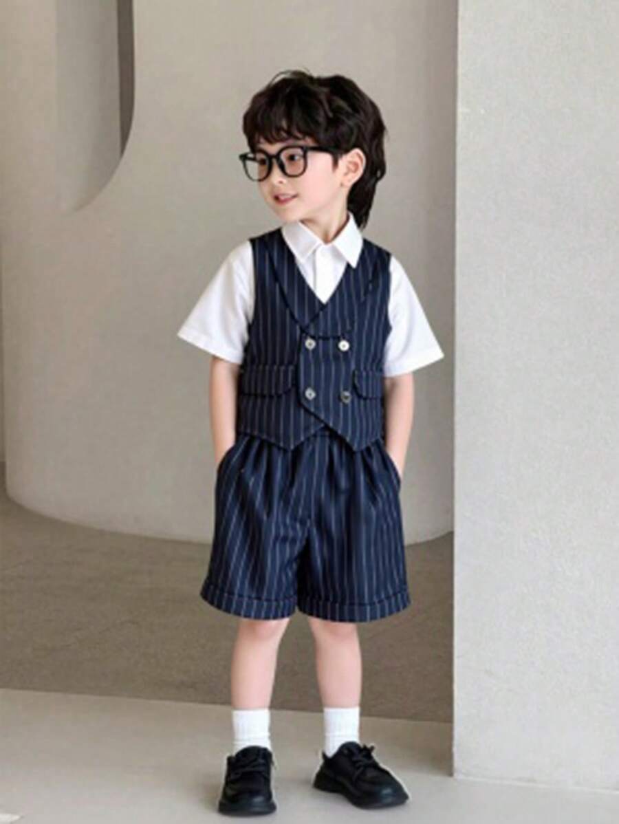 2pcs/Set Young Boys Comfortable, Versatile, Fashionable, Cute Gentleman's College Style Vest And Shorts Two Pieces Set, Suitable For Spring And Summer Seasons, Suitable For Daily Life, Suitable For Sports, Suitable For Campus, Suitable For Gatherings, Suitable For Festivals, Suitable For Performances, Suitable For Photography, Suitable For Returning To School Season - Navy Blue - View 1