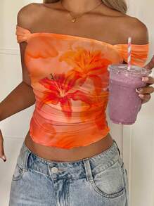 SHEIN EZwear Women's Floral Print One Shoulder Ruffled Cropped Fitted Top Shirt For Holiday Off The Shoulder Top - Multicolor - View 5