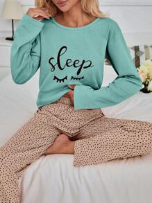 RueChic 100% Cotton 2Pcs Eye&Heart Printed PJ Set - Mint Blue - View 6