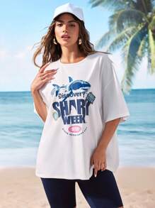 Shark Week X SHEIN Tricou cu mânecă scurtă cu decolteu rotund și cu litere, cu mânecă scurtă - alb - Vizualizare 1