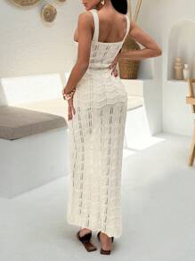 EURMUSE Women Solid Color Hollow Out Strap Knit Top & Sweater Skirt Cover Up 2pcs Set