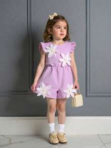 SHEIN Conjunto de monos elegantes y de moda para niñas, incluye top de tirantes sin mangas con detalles fruncidos y pantalones cortos de pierna ancha, mameluco elegante para niñas - Rosa vieja - Ver 1