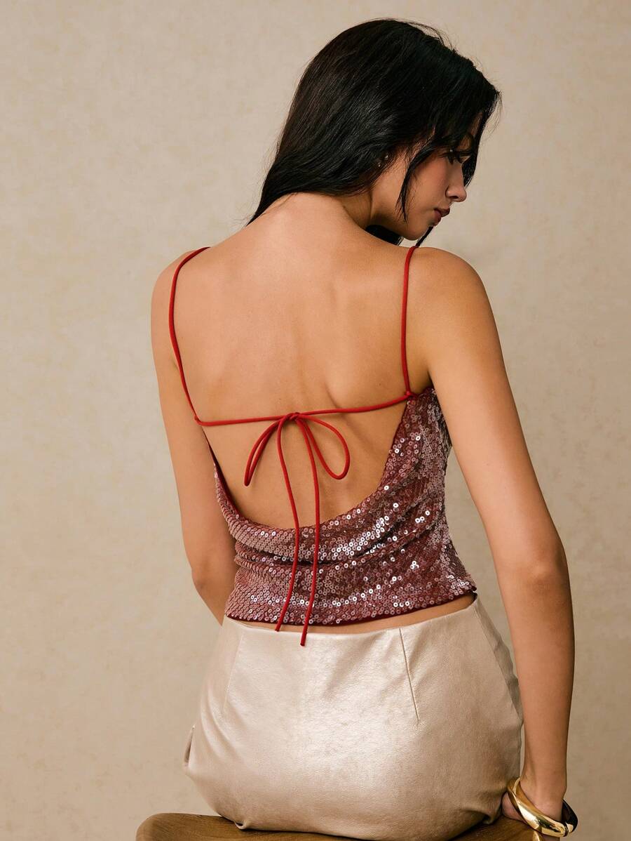 Poéselle Áo hai dây hở lưng đính sequin gợi cảm cho nữ, mùa hè, hở lưng - màu nâu - Xem 1