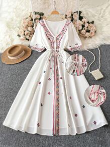 DreamSkyne Court Retro  Elegant & Refined Plus Size Women's V-Neck Long Retro Pattern Drawstring Waist Dress, Summer - Multicolor - View 1