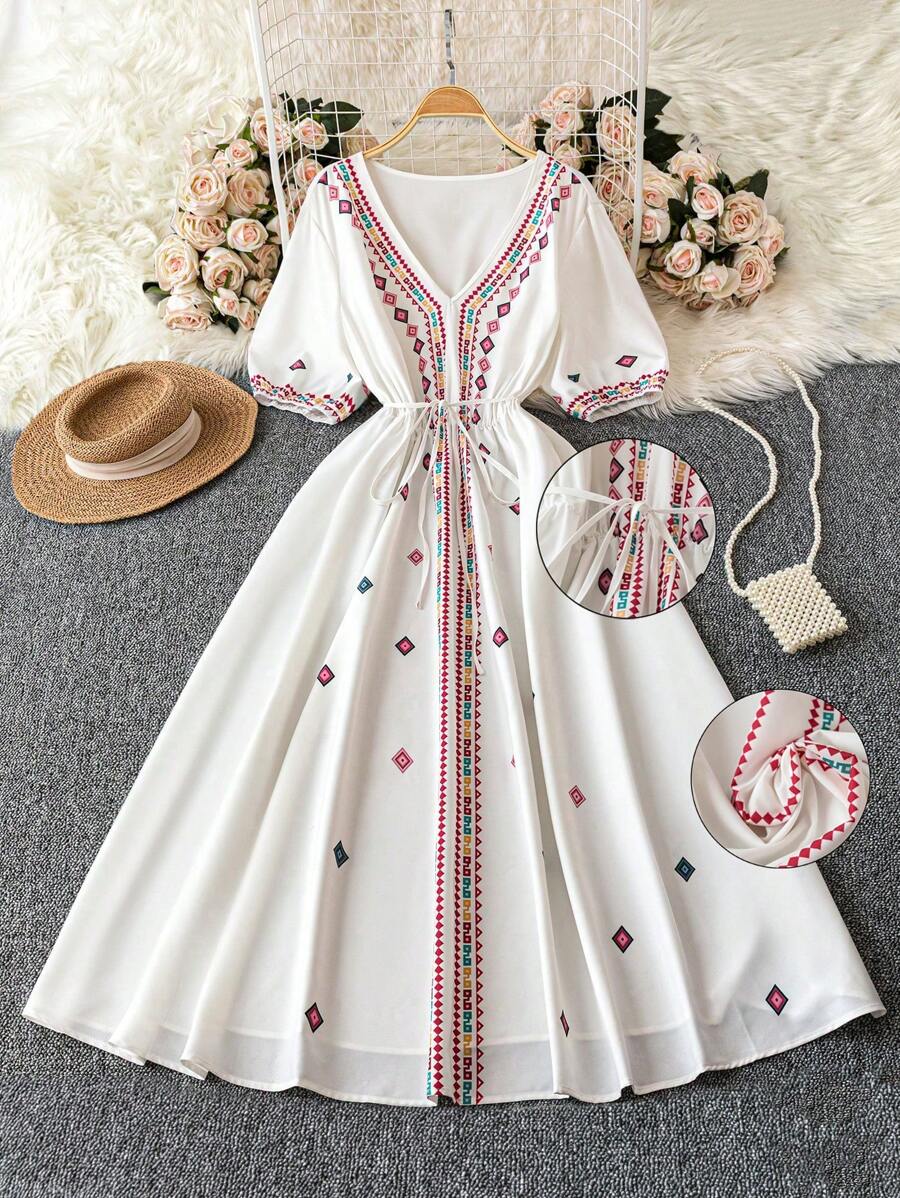 DreamSkyne Court Retro  Elegant & Refined Plus Size Women's V-Neck Long Retro Pattern Drawstring Waist Dress, Summer - Multicolor - View 1