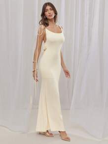 L'Amorae 女式夏季优雅纯色 3D 花卉装饰露背细肩带连衣裙 - 黃色 - 查看 5