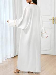 SHEIN Lady V-Neck Gold Hot Diamond Details Black Modest Dress - White - View 2