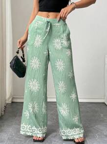 Breezaya 女士几何印花宽松休闲度假裤 - 綠色 - 查看 3