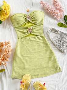 Soleia Vacation Sleeveless Hollow-Out Patchwork Metal Buckle Textured Fabric Fitted Mini Dress, Suitable For Vacation, Music Festival, Bohemian, Holiday Date, Afternoon Tea,Summer Dresses For Women - Mustard Yellow - View 3