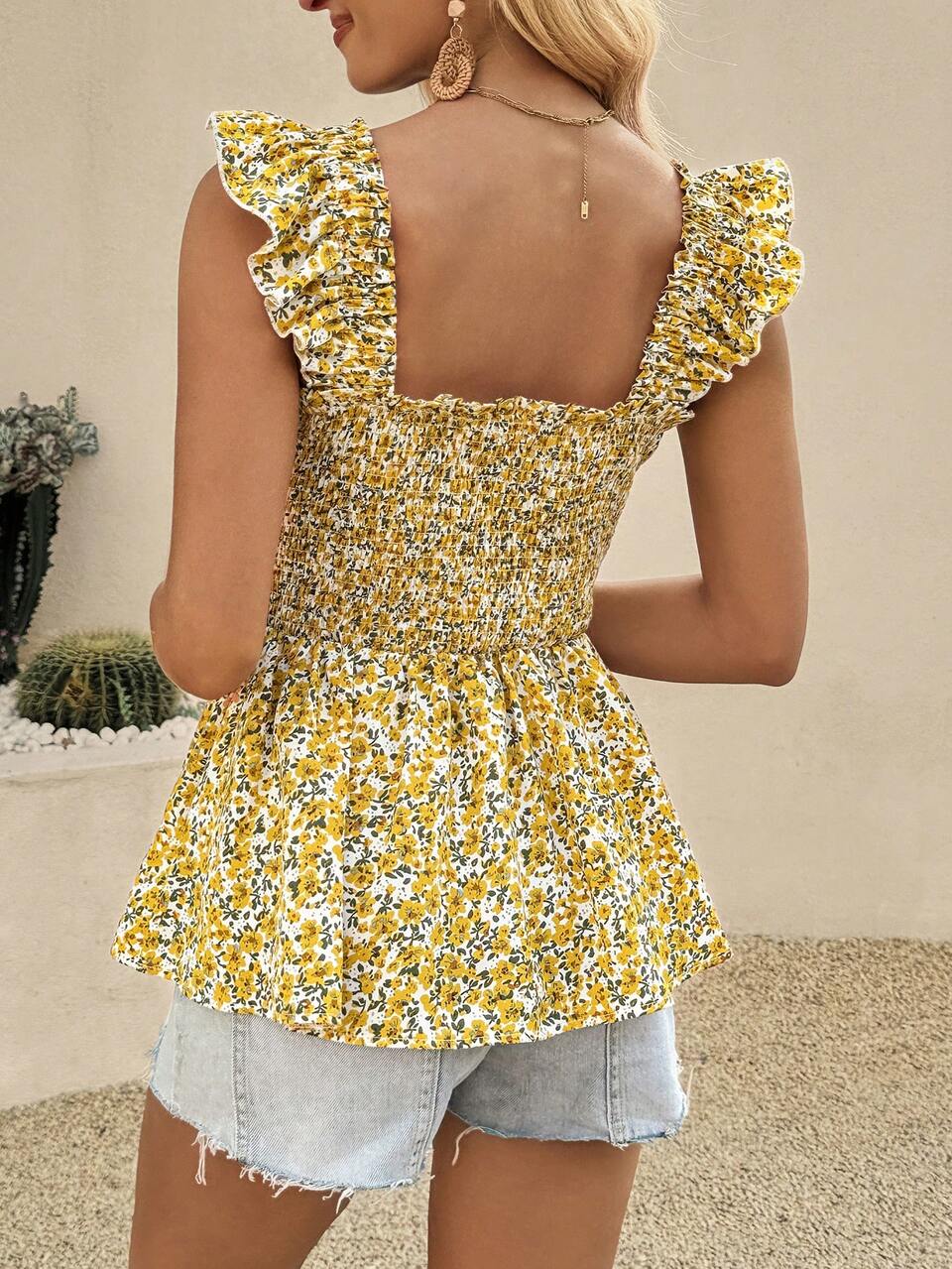 Summer Women's Floral Print Square Neck Summer Blouse Ruffle Cap Sleeve Peplum Shirts