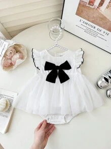Newborn Baby Girl Cute Summer Versatile Knit Mesh Patchwork Bow Decor Cap Sleeve Bodysuit