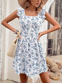 Breezaya Women's Ruffle Strap Full Print Tie Back Dress Vacation Beach Outfit