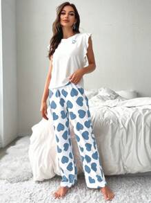 CoupledUp Women Heart Print Ruffle Sleeve Top And Pants Pajama Set Holiday Season - Blue - View 4