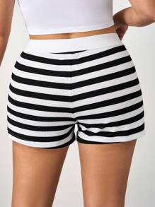 SHEIN Tall CURVE Casual Knit Striped Low-Waist Skinny Super-Short Shorts Women Loungewear Women Leggings Women Shorts For Summer - Black and White - View 2