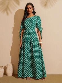 Vesra 女士几何印花灯笼袖蝴蝶结不对称连衣裙