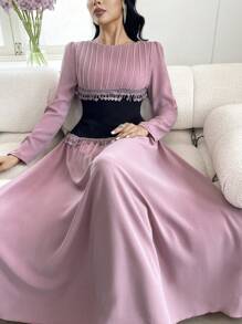 Modelyn Women's Lace Contrast Color Patchwork Long Sleeve Dress - Pink - View 6