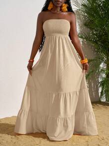 Slaydiva Sommerurlaub, einfarbig, Rüschensaum, trägerloses Kleid, Sonnenkleider für Frauen