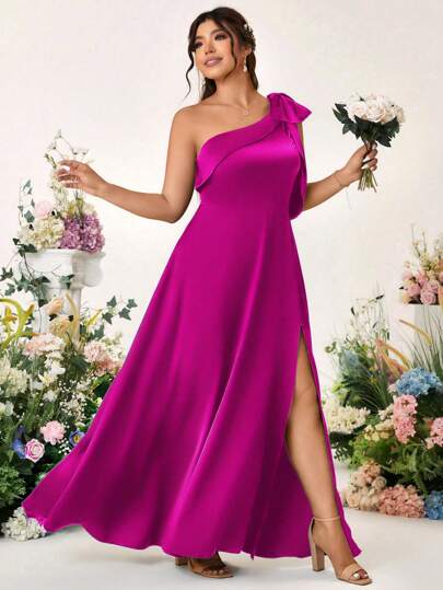 Cravure Vestido de fiesta de longitud hasta el tobillo con abertura, corte evasé, sin mangas, hombro asimétrico, lazo y unicolor de satén para mujeres de talla grande. Vestido casual de cumpleaños y vestido de verano para mujeres de talla grande.