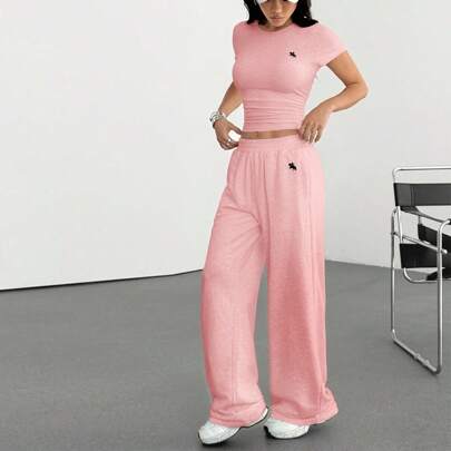 2 pezzi/Set Completo da casa in maglia rosa ricamata, Outfit estivo per donna