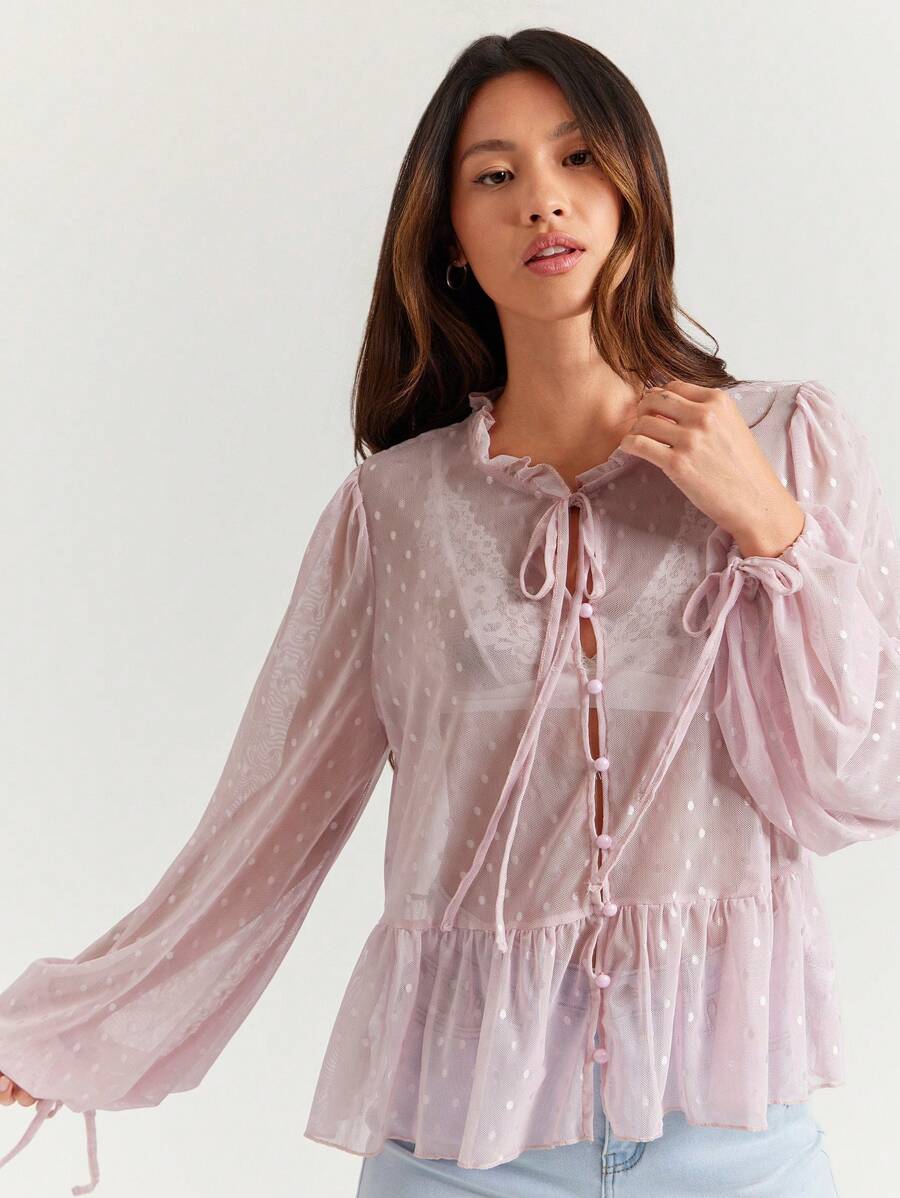 WESTFADE Sheer Dot Mesh Tie Neck Ruffle Peplum Long Sleeve Top - Pink - View 1