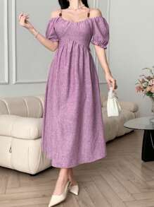 女士V领泡泡袖露肩收腰连衣裙，紫色，休闲女装 - 紫色 - 查看 5