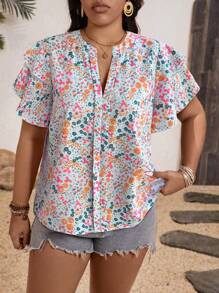 SHEIN Clasi Plus Size Women Floral Print V-Neck Short Sleeve Blouse, Suitable For Summer, Vacation - Multicolor - View 3