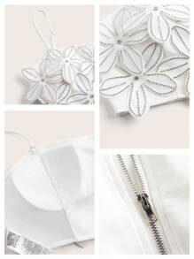 Anewsta Rhinestone Trim Floral Print Spaghetti Strap Camisole, Summer, Elegant, Casual, Beach, Vacation - White - View 6