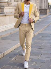 Manfinity Mode Men's Autumn Contrast Color Lapel Neck Double-Breasted Suit Jacket And Pants Men Dress Clothes Men Suits - Khaki - View 6