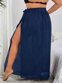 Swim Vcay 大码女式蝴蝶结休闲度假泳衣罩衫和纱笼套装 - 藏蓝色 - 查看 2