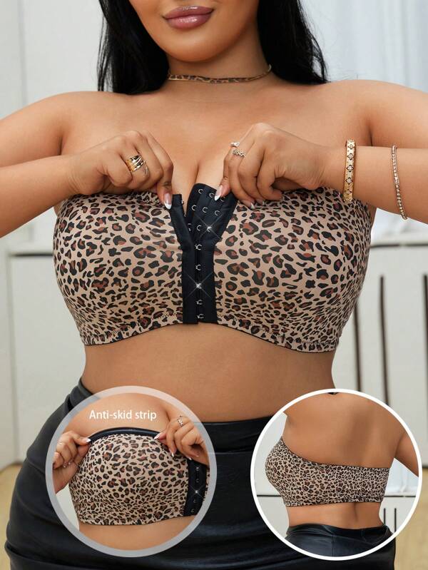 SHEIN Plus Size Non-Slip Strapless Sexy Leopard Front And Back One-Piece Bralette