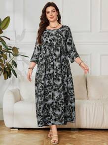 Lacomfia Váy rộng rãi in họa tiết Ả Rập tay 3/4 cỡ lớn - màu đen - Xem 3