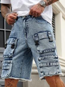 Manfinity Roughcore Herren ausgewaschene hellblaue Denim Cargo Shorts, Streetwear Loose Fit Jorts - Helle Waschung - Übersicht 5