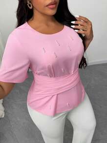 SHEIN Unity 女式加大码夏季圆领设计收腰短款珍珠装饰上衣