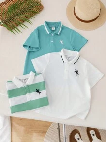 SHEIN 3 件套年轻男孩休闲运动学院风图案圆领短袖 Polo 衫套装，适合日常穿着、上学、户外活动、春夏季节 - 薄荷綠 - 查看 6