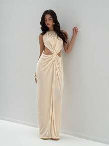 Aloruh 女士优雅婚礼宾客礼服生日派对节日性感仙女裙纯色长裙杏色无袖镂空修身连衣裙 - 杏色 - 查看 6