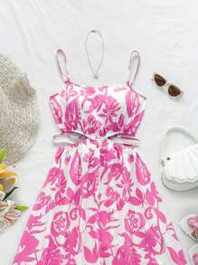 Soleia Women's Vacation Loose Fit Floral Print Hollow Out Waist Long Swing Dress, Suitable For Summer, Christmas, Party, Valentine's Day, Date, Afternoon Tea - Multicolor - View 7