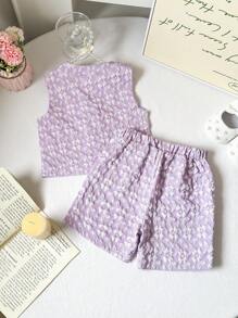 2 件套女婴幼儿 0-3 岁优雅时尚花卉纹理面料立领无袖夹克和短裤套装