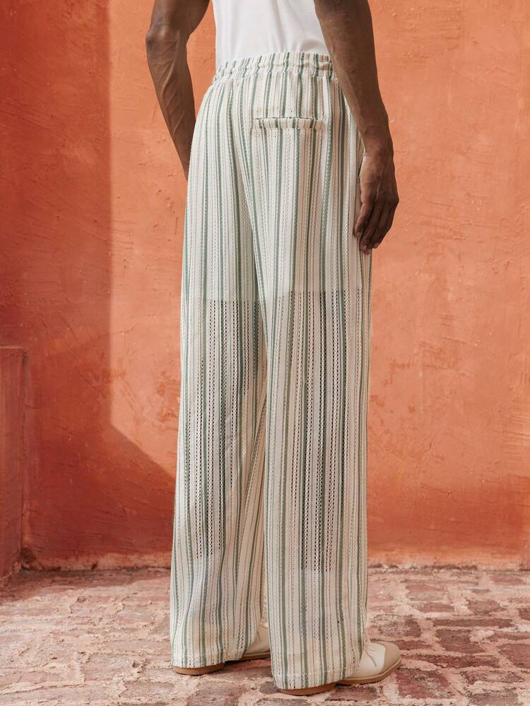 SHEIN Maija 2025 Summer New Green & White Striped Hollow-Out Knit Fabric Pants With Elastic Waist, Drawstring Tie Closure, Side Pockets For Men, Suitable For Beach, Music Festival, Independence Day, Business, Casual, Wedding Guest, Daily Wear
