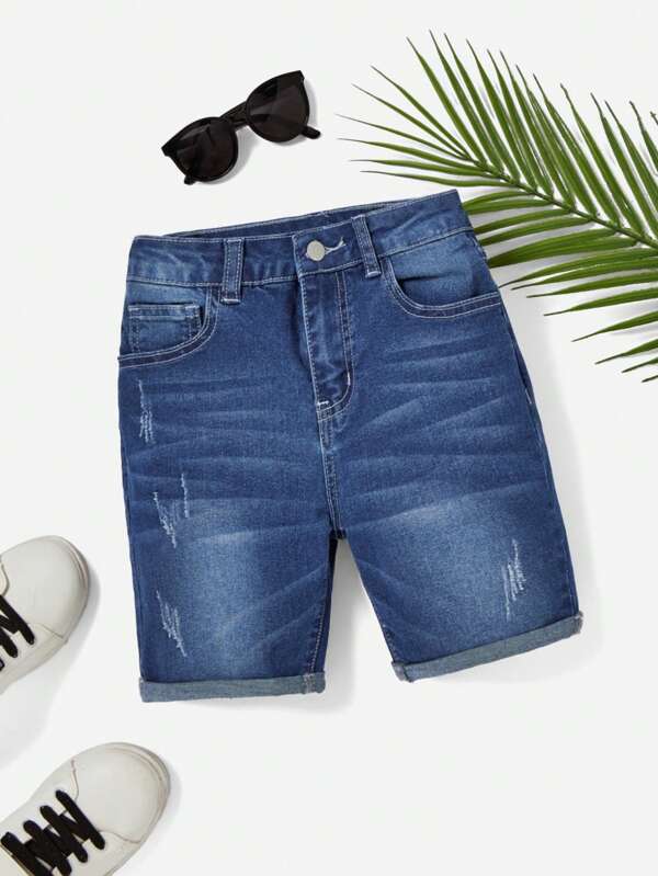 SHEIN Pantalones cortos vaqueros azules de mezclilla de estilo básico casual y elástico para niño adolescente, perfectos para vestimenta diaria y ropa de verano para adolescentes
