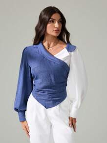 SHEIN Tall Women's Autumn Color Block Ruched Asymmetric Hem Fashion Long Sleeve Blouse, Tall Women - Blue and White - View 6