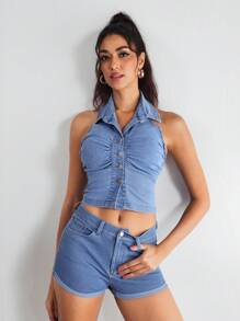 SHEIN Tall 女士牛仔衬衫，纯色，时尚，适合夏季 - 黑色 - 查看 1